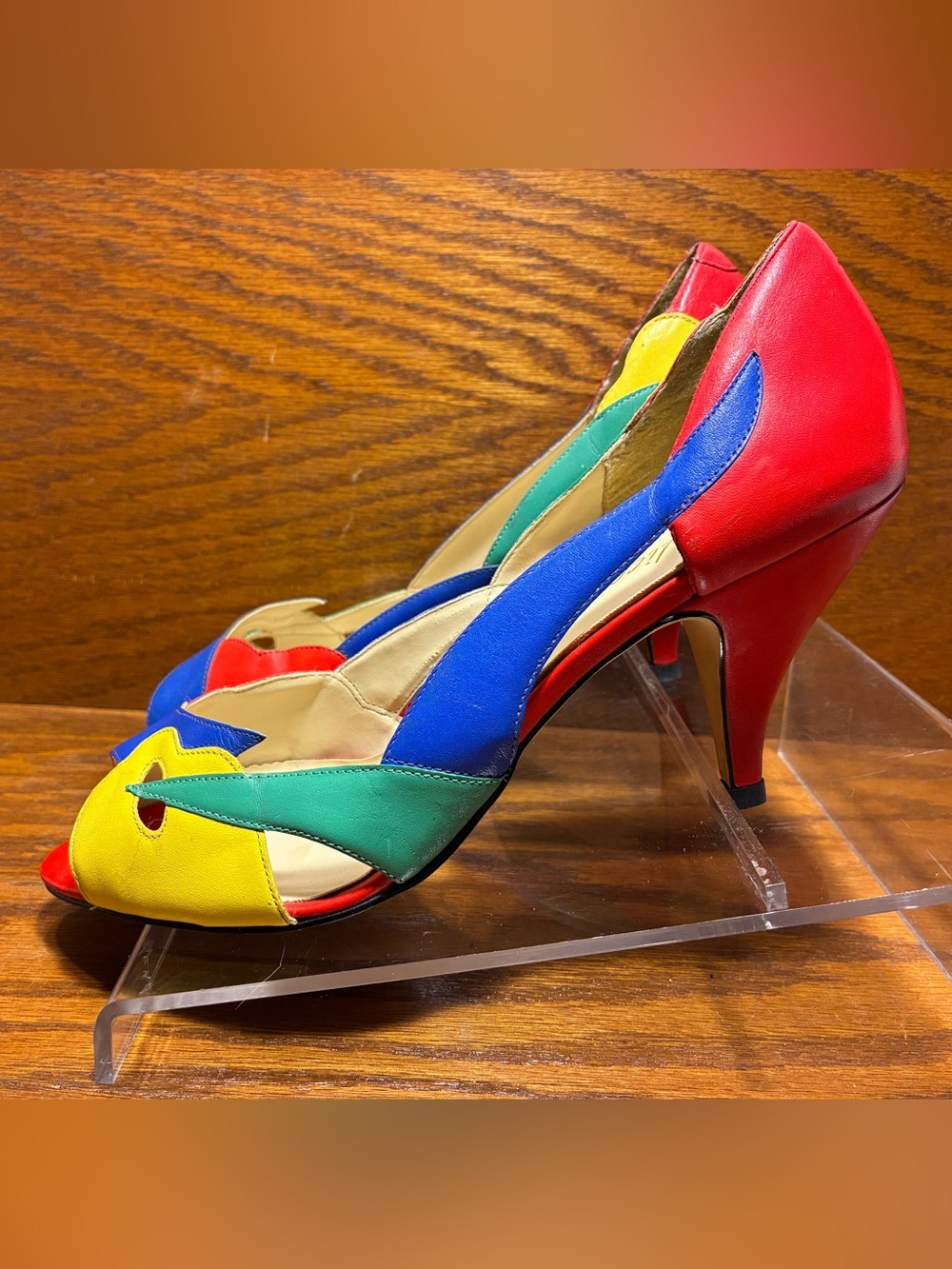 Vintage 80s 90s Calico Colorblock Leather Peep Toe Heels Size 10 - Picture 3 of 16